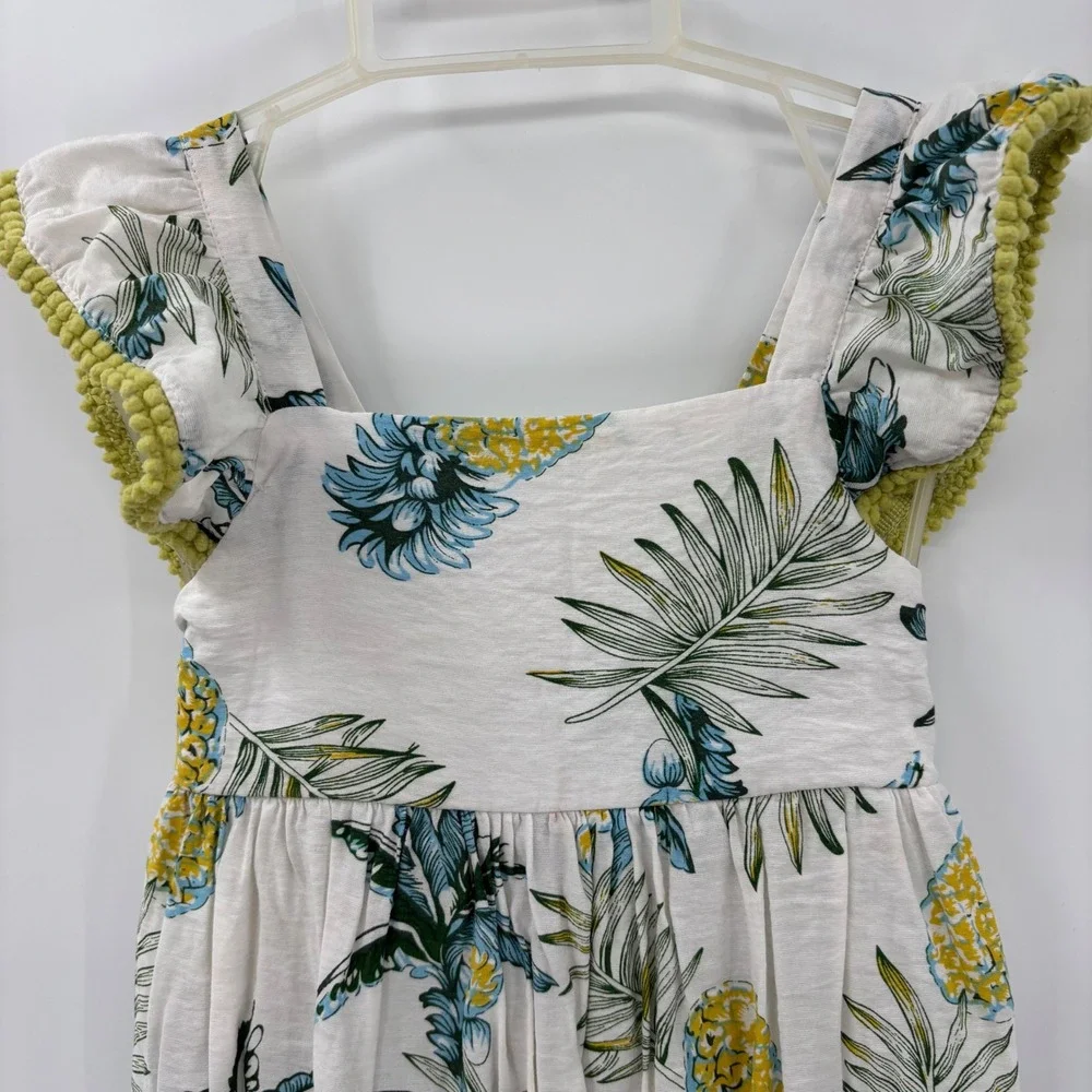 Bonnie Jean Maxi Dress Kids Size 6X White Tropical Pineapple Pom Pom Trim Summer